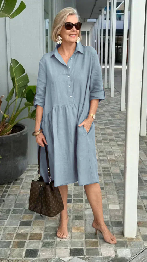 Cotton Midi Shirt Dress with Button Placket