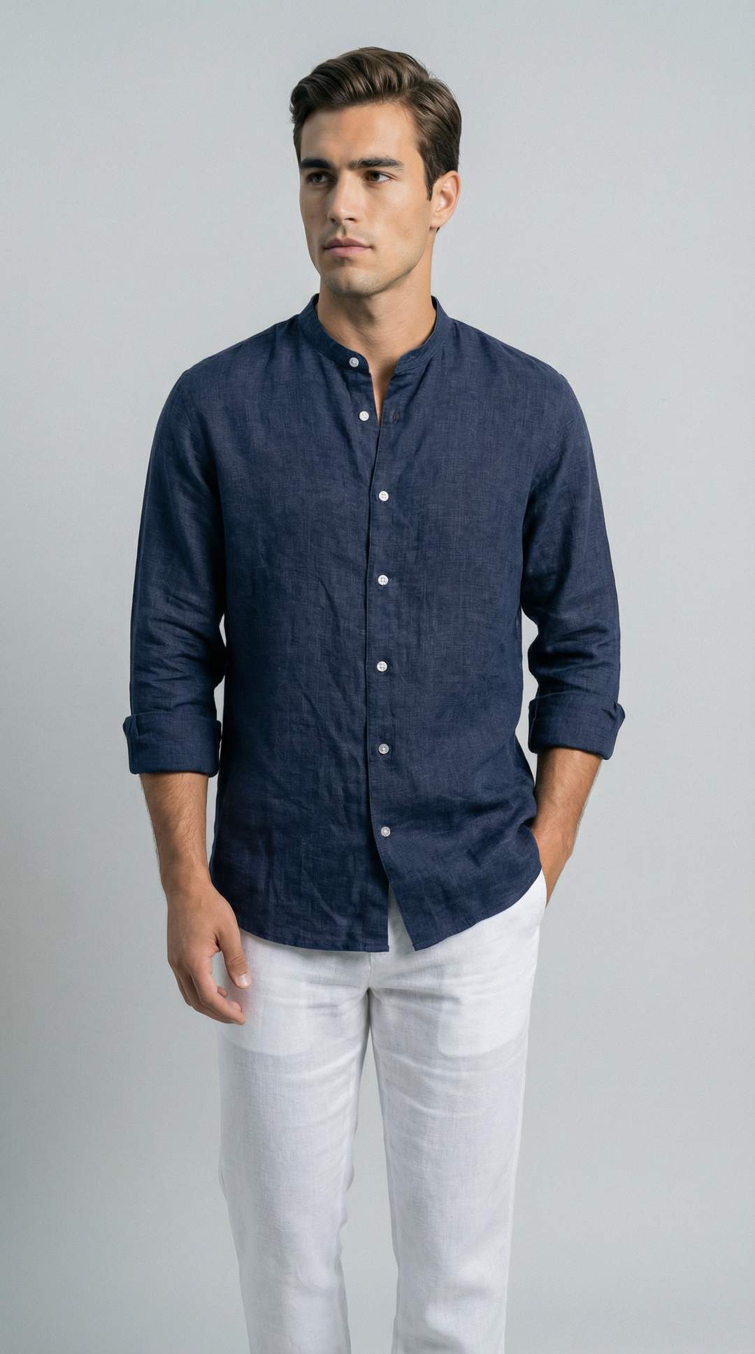 Deep Sea Blue Mandarin Italian Linen Shirt for Men