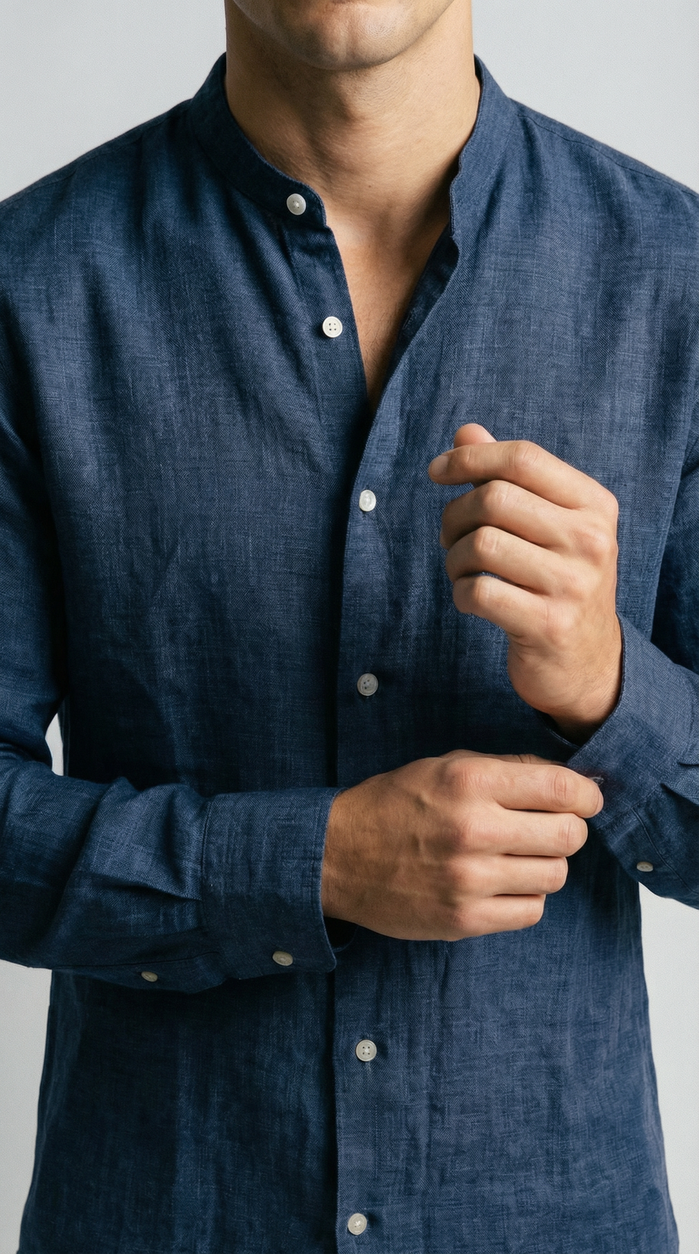 Deep Sea Blue Mandarin Italian Linen Shirt for Men — gallery