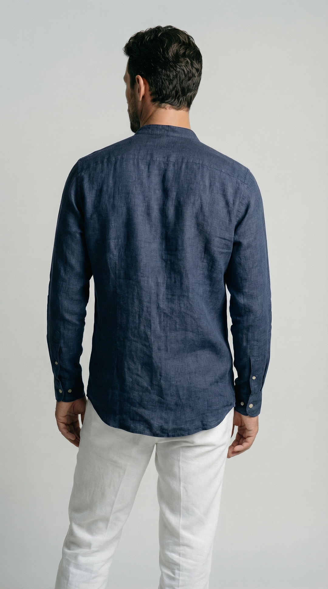 Deep Sea Blue Mandarin Italian Linen Shirt for Men — gallery