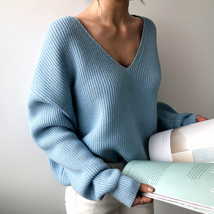 Balloon-Sleeve V-Neck Knit Pullover in Relaxed Fit