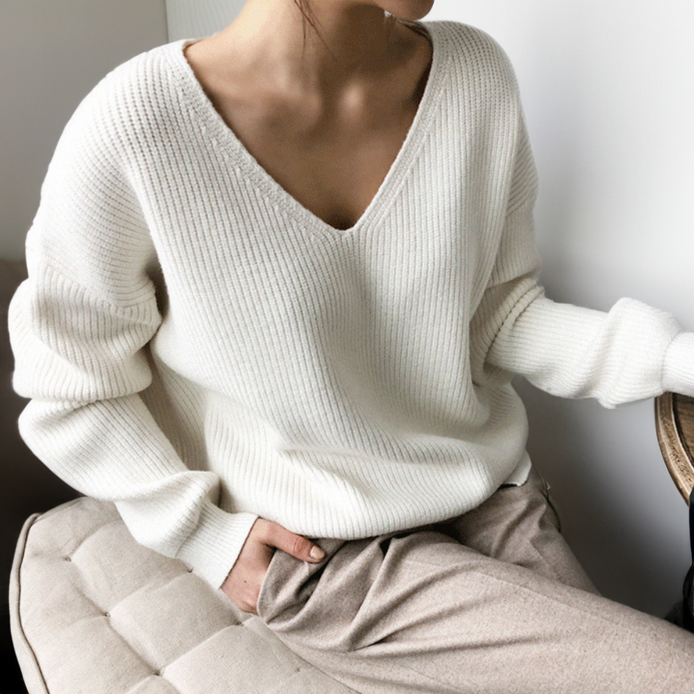 Balloon-Sleeve V-Neck Knit Pullover in Relaxed Fit