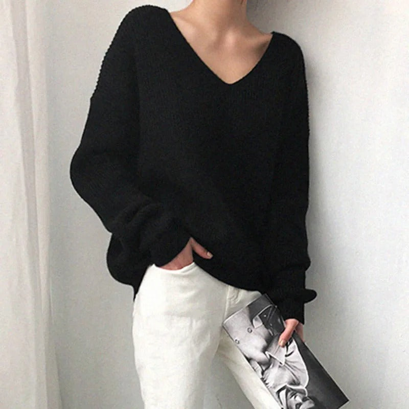 Balloon-Sleeve V-Neck Knit Pullover in Relaxed Fit