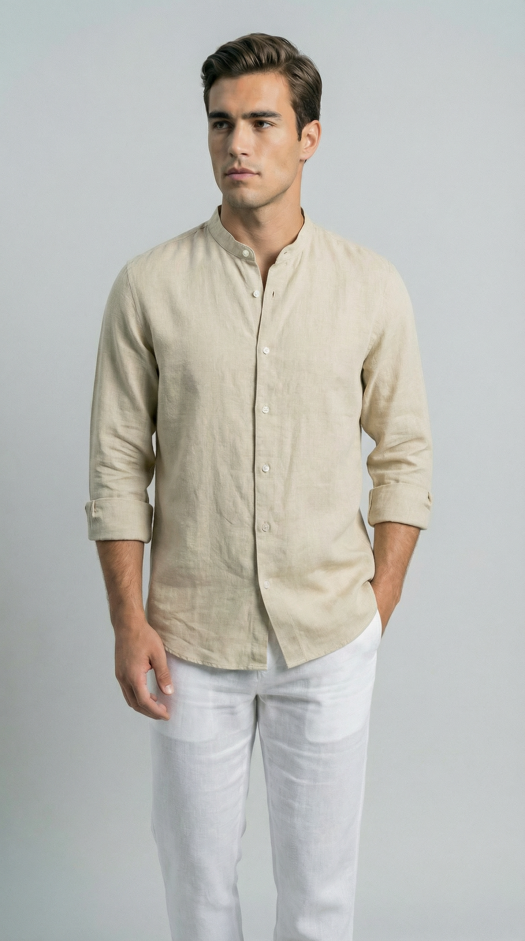 Sand Mandarin Italian Linen Shirt for Men