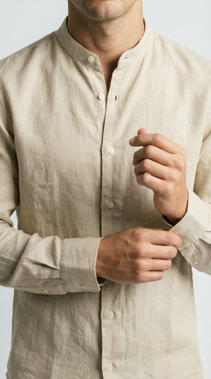 Sand Mandarin Italian Linen Shirt for Men — gallery