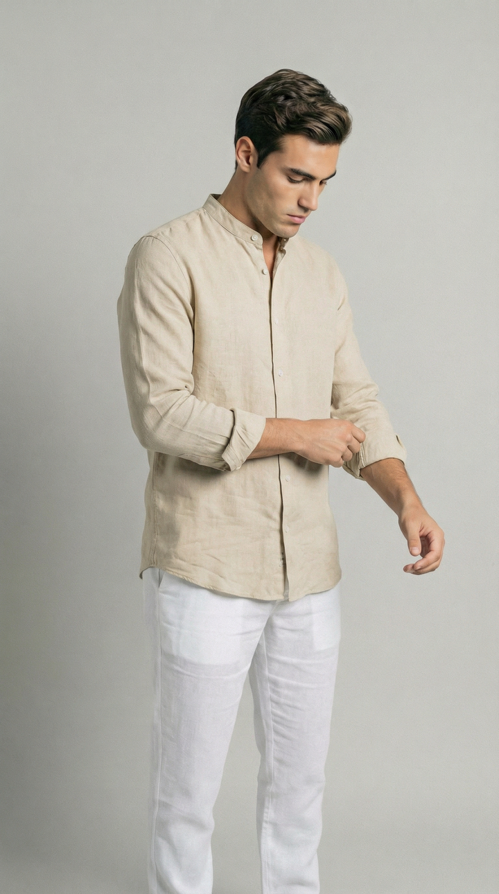 Sand Mandarin Italian Linen Shirt for Men — gallery