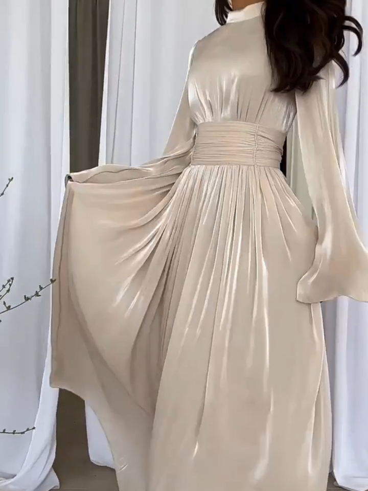 Long Maxi Dress with Pleated Waist and Raised Collar