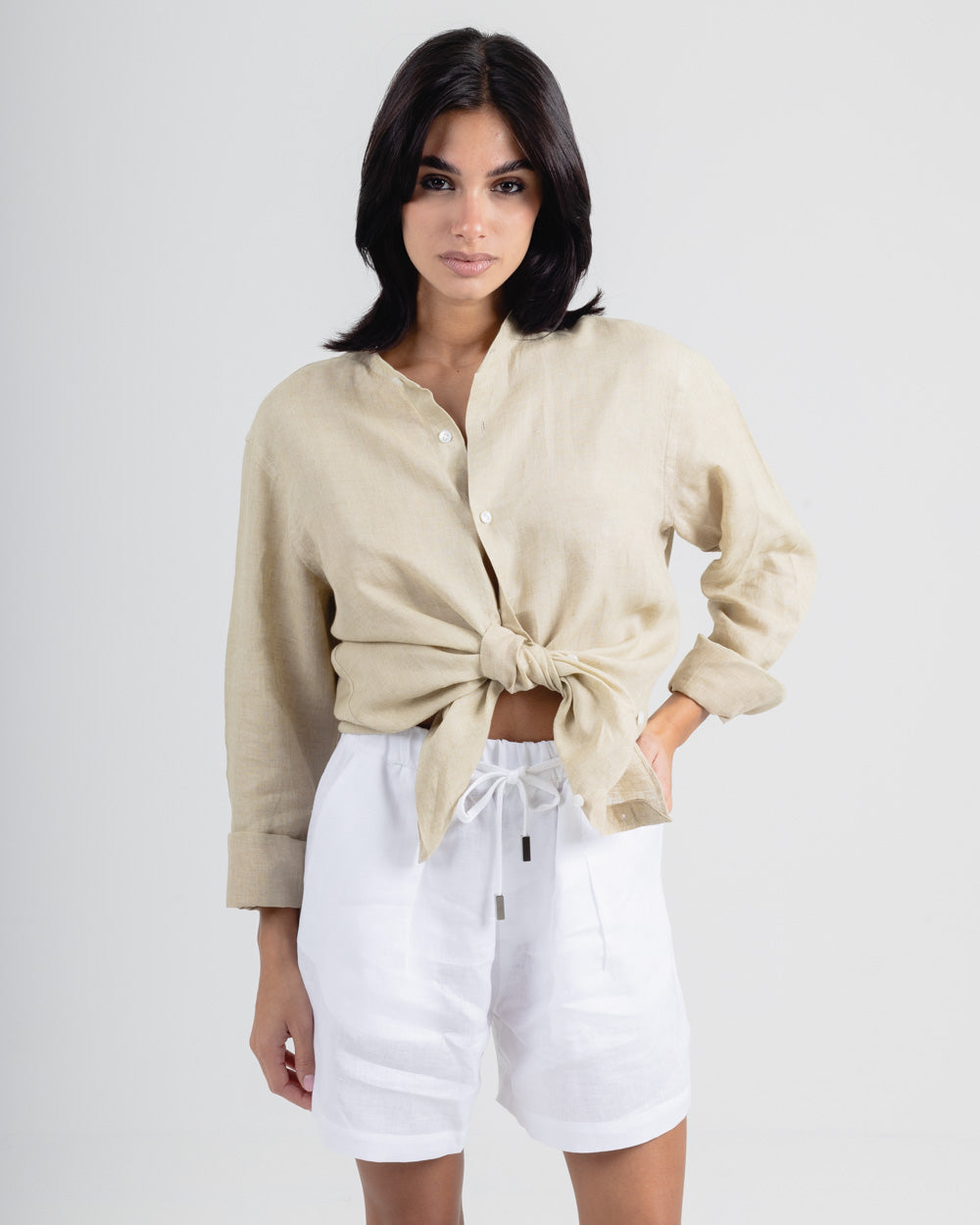 Beige Mandarin Italian Linen Shirt for Men