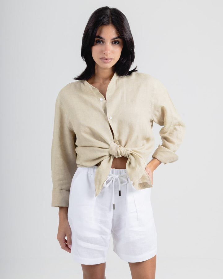 Beige Mandarin Italian Linen Shirt for Men