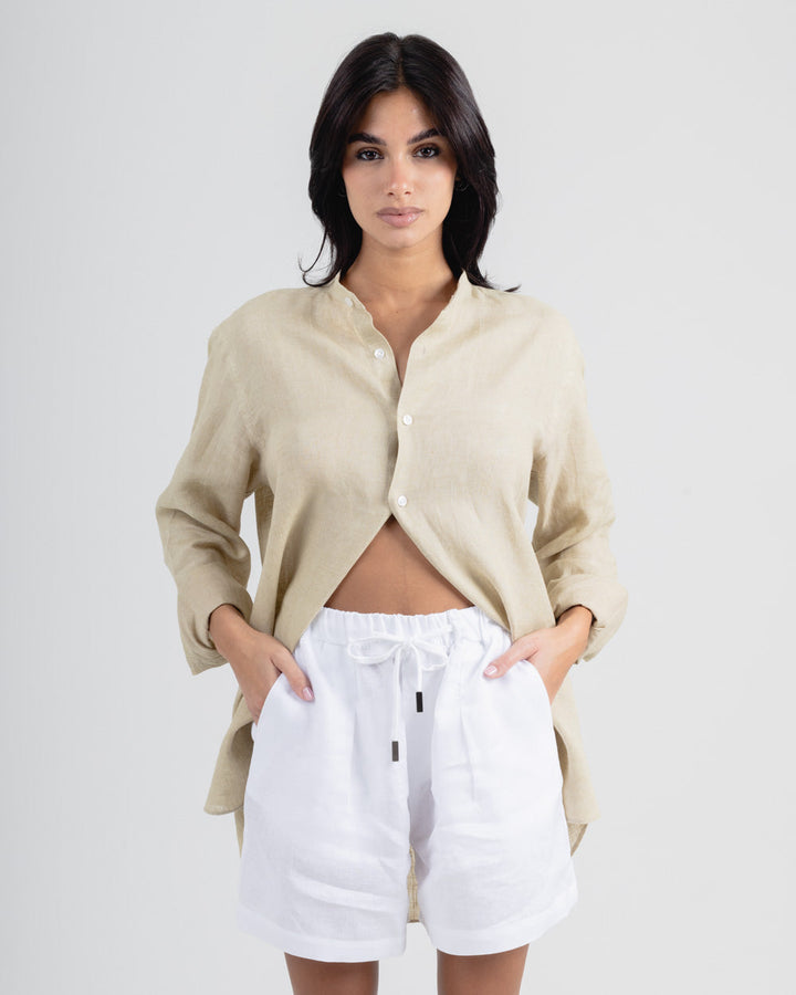 Beige Mandarin Italian Linen Shirt for Men — gallery