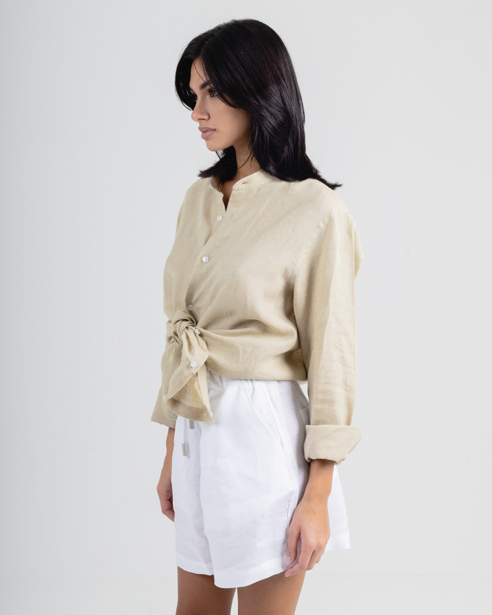 Beige Mandarin Italian Linen Shirt for Men — gallery