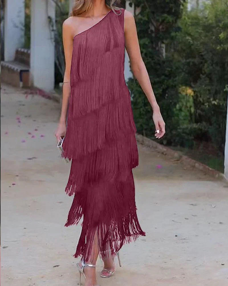 Stylish Open-Shoulder Fringe Dress