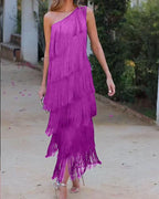 Stylish Open-Shoulder Fringe Dress