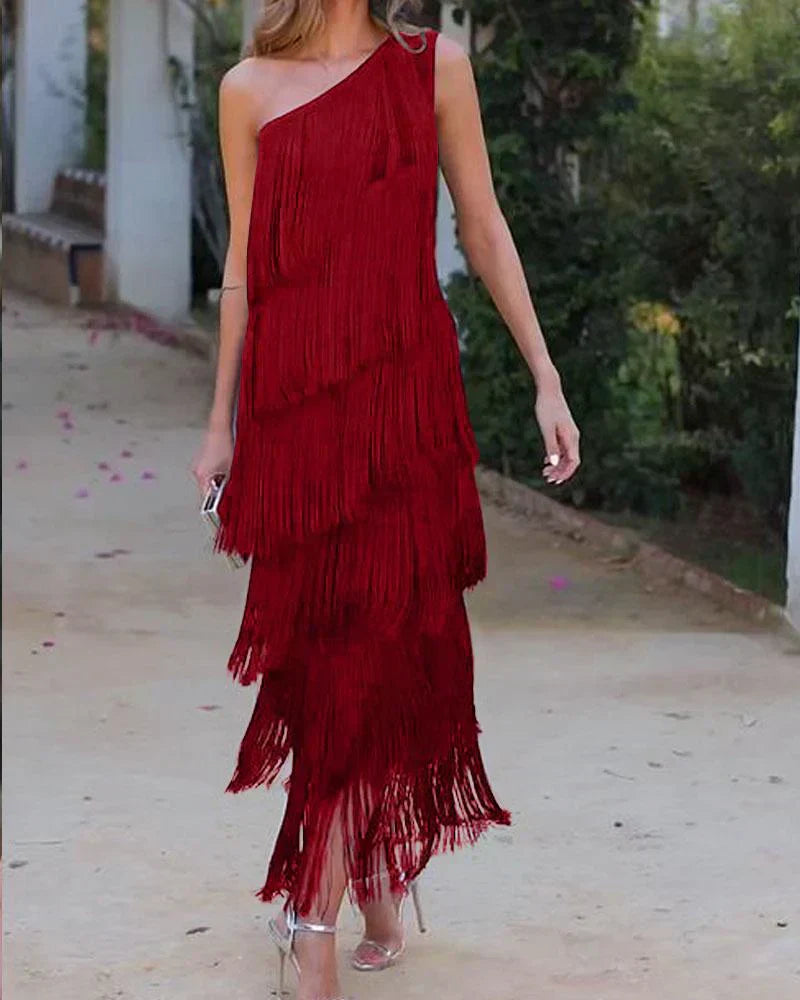 Stylish Open-Shoulder Fringe Dress