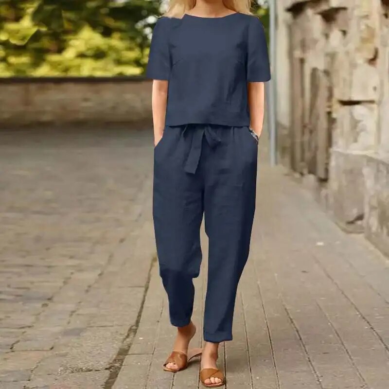Cotton Tie-Front Blouse and Wide-Leg Trousers Set