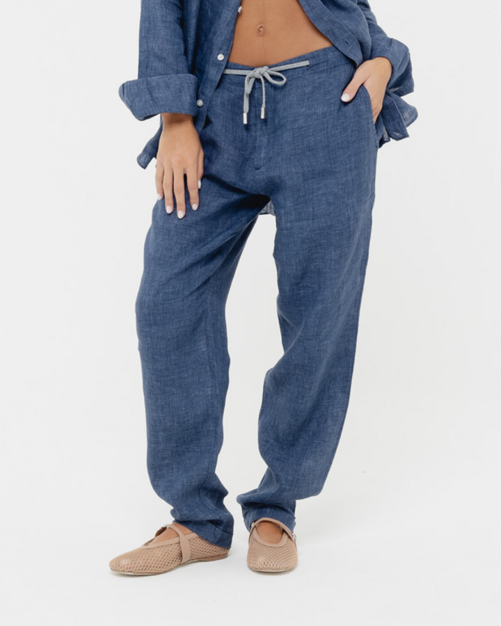 Capri Blue Drawstring Italian Linen Shirt for Men