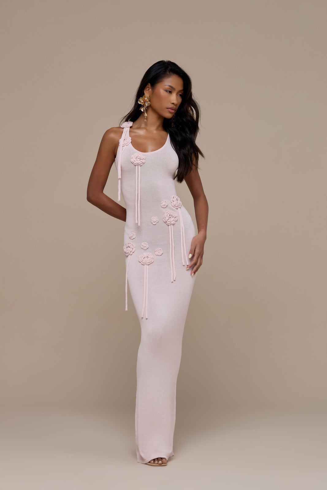 Lilly Knitted Maxi Dress with Crochet Flower Detail for Women - gallery