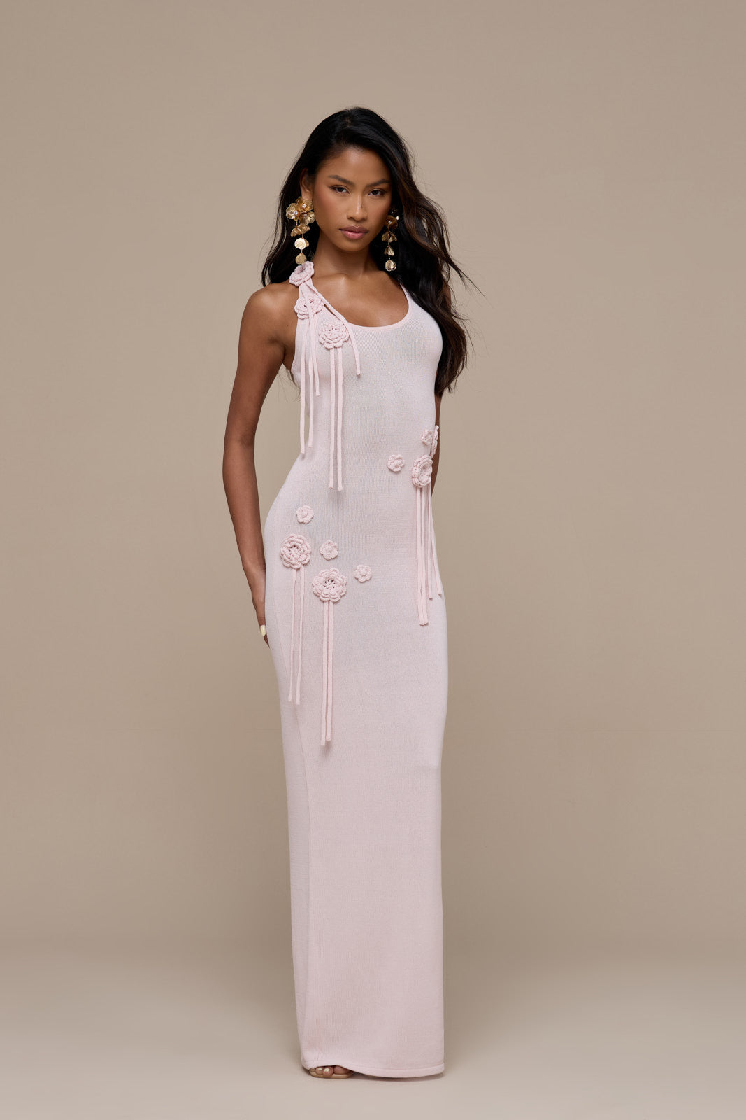Lilly Knitted Maxi Dress with Crochet Flower Detail for Women - gallery