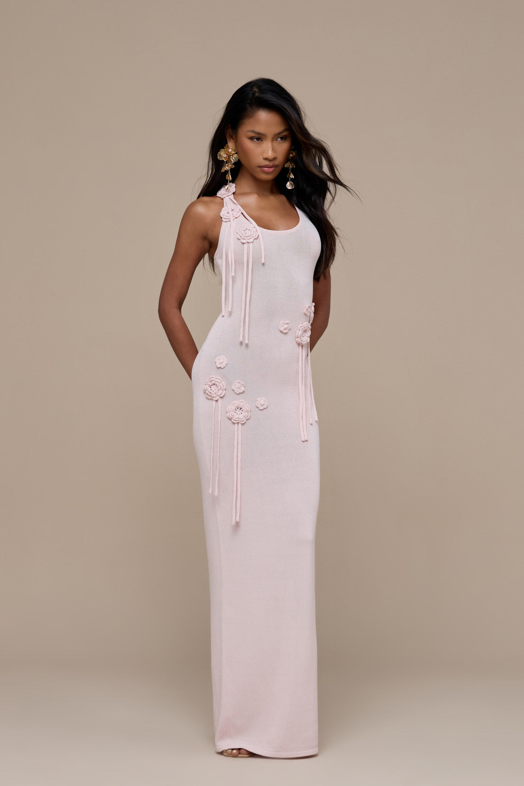 Lilly Knitted Maxi Dress with Crochet Flower Detail for Women - gallery