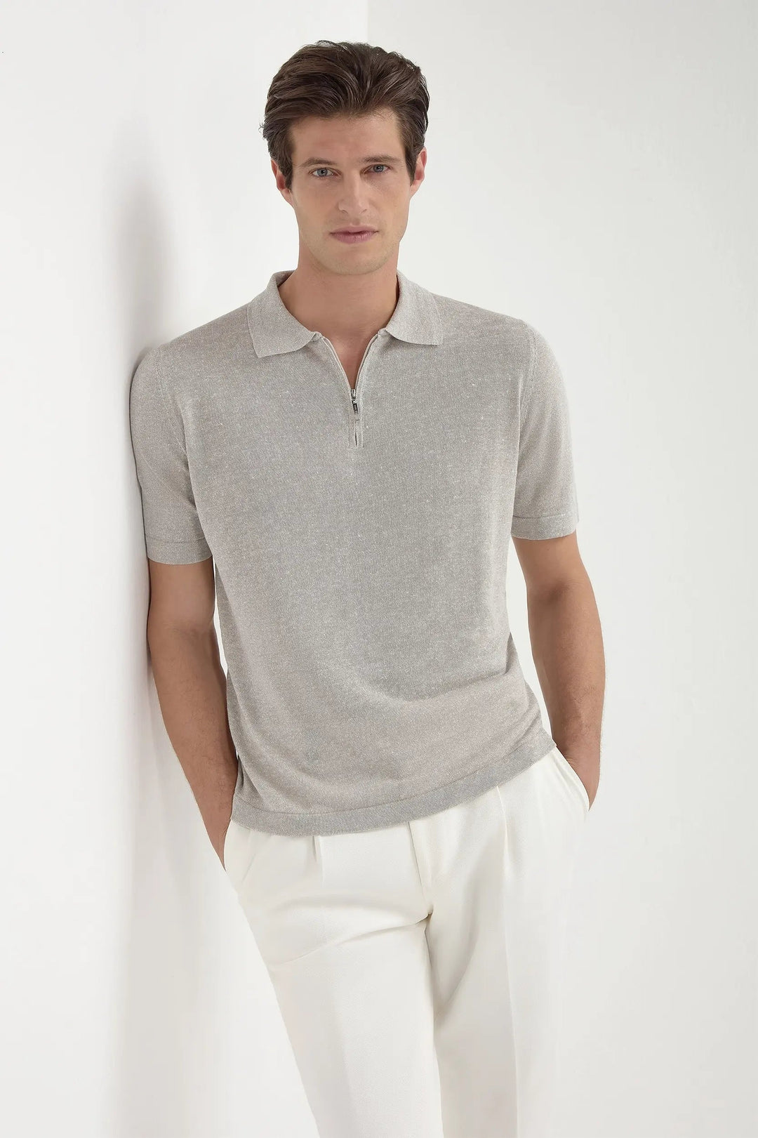 Sand Linen Cotton Zipped Polo — Made in Italy for Men