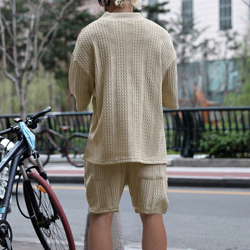 Jacquard V-Neck T-Shirt and Drawstring Shorts Set for Men - gallery