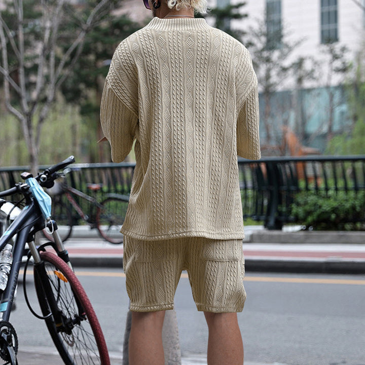 Jacquard V-Neck T-Shirt and Drawstring Shorts Set for Men - gallery