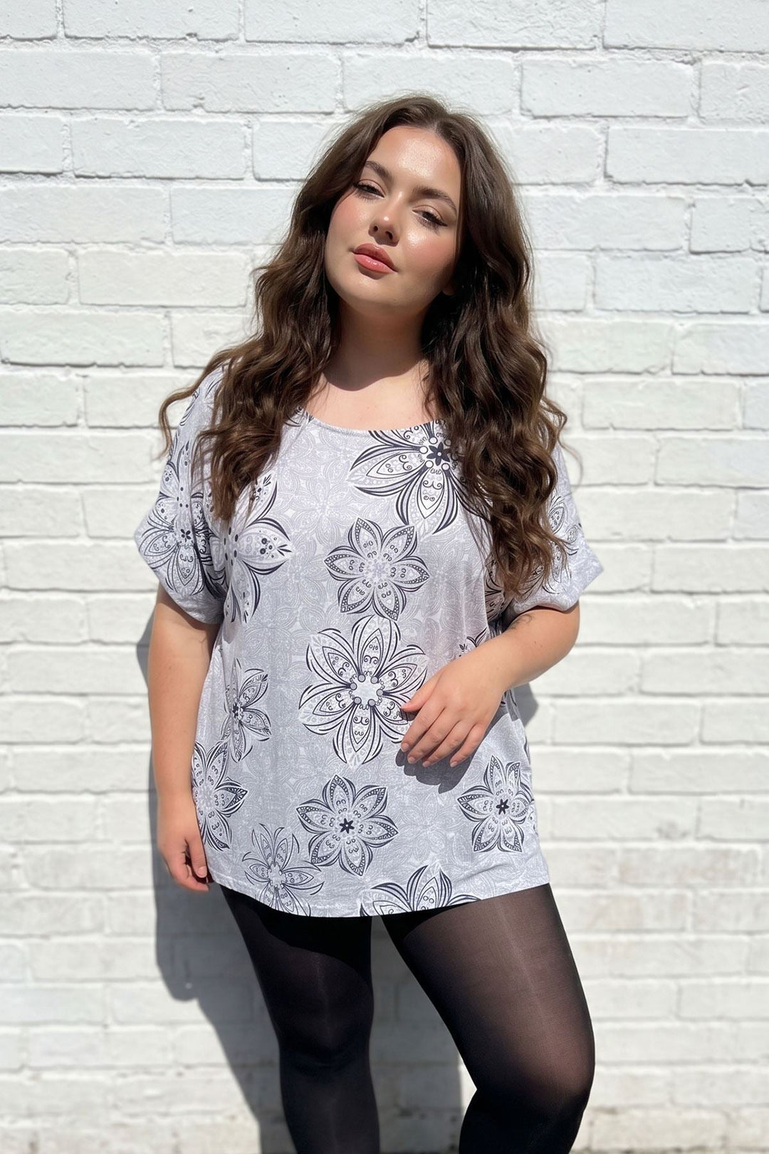 Abstract Floral Print Tunic Cotton Top for Women - White