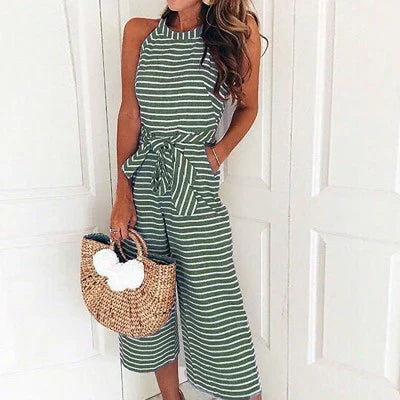Classic Stripe Halter Jumpsuit with Adjustable Tie Belt