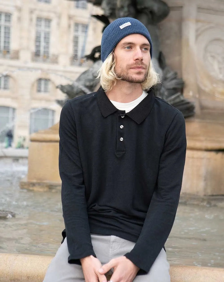 Zolui Black Long-Sleeve Pure Linen Polo Shirt for Men
