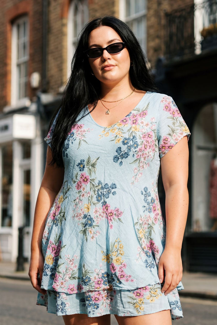 Floral Print Layered Hem Cotton Dress — Sky Blue