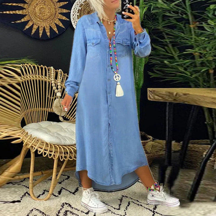 Long-Sleeve Denim Shirt Dress - Relaxed Straight Fit