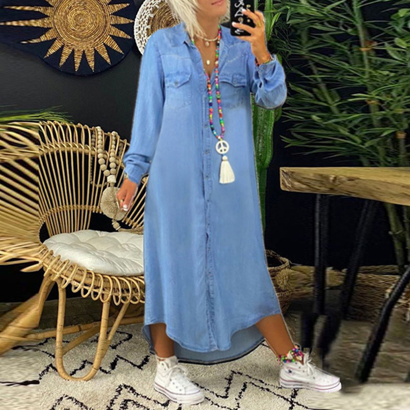 Soft-Washed Denim Dress with Long Sleeves