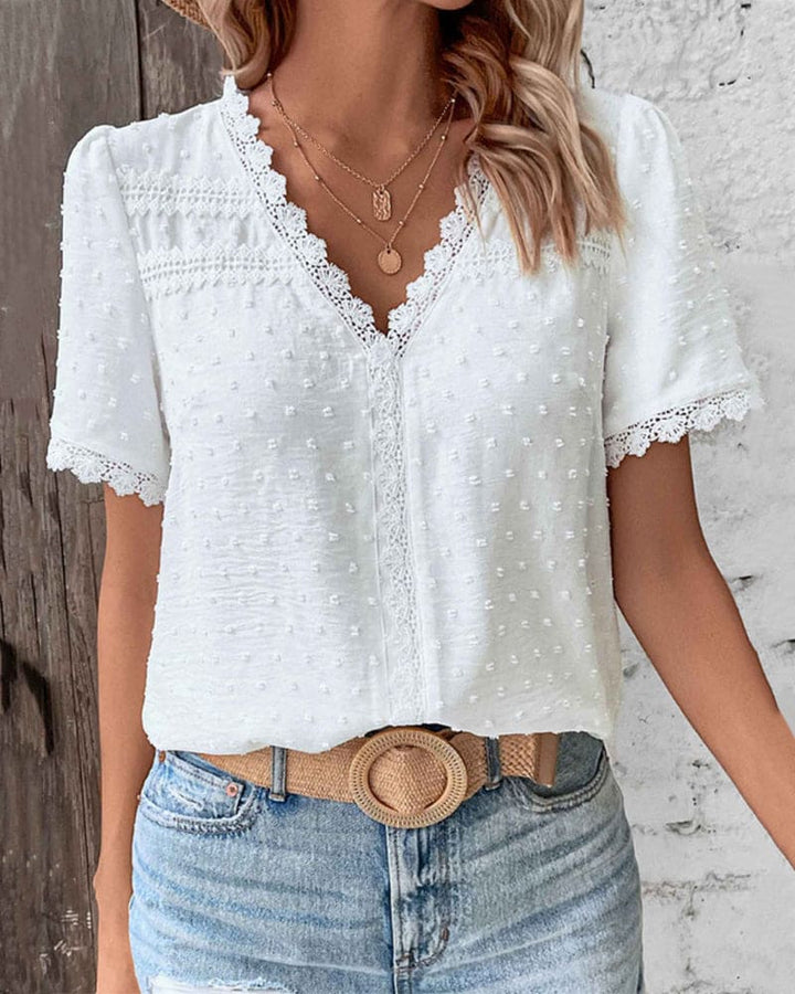 Romy Short Sleeve V-Neck Top with Lace Patchwork Detail