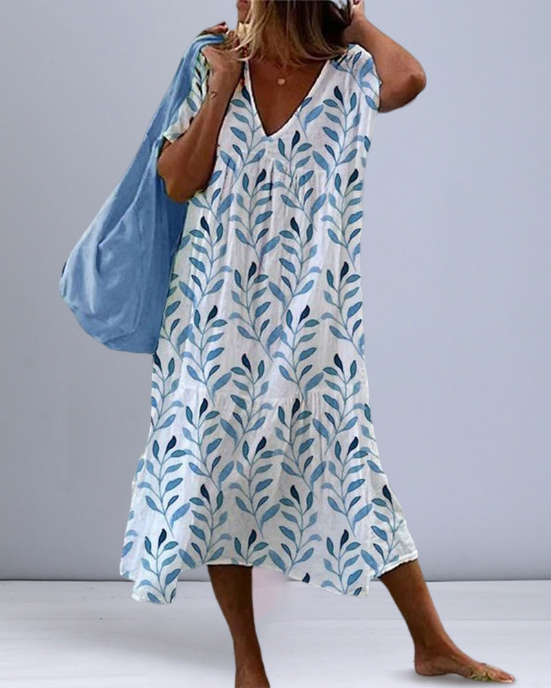 Leaf Print Flowy Midi Dress in Botanical Print