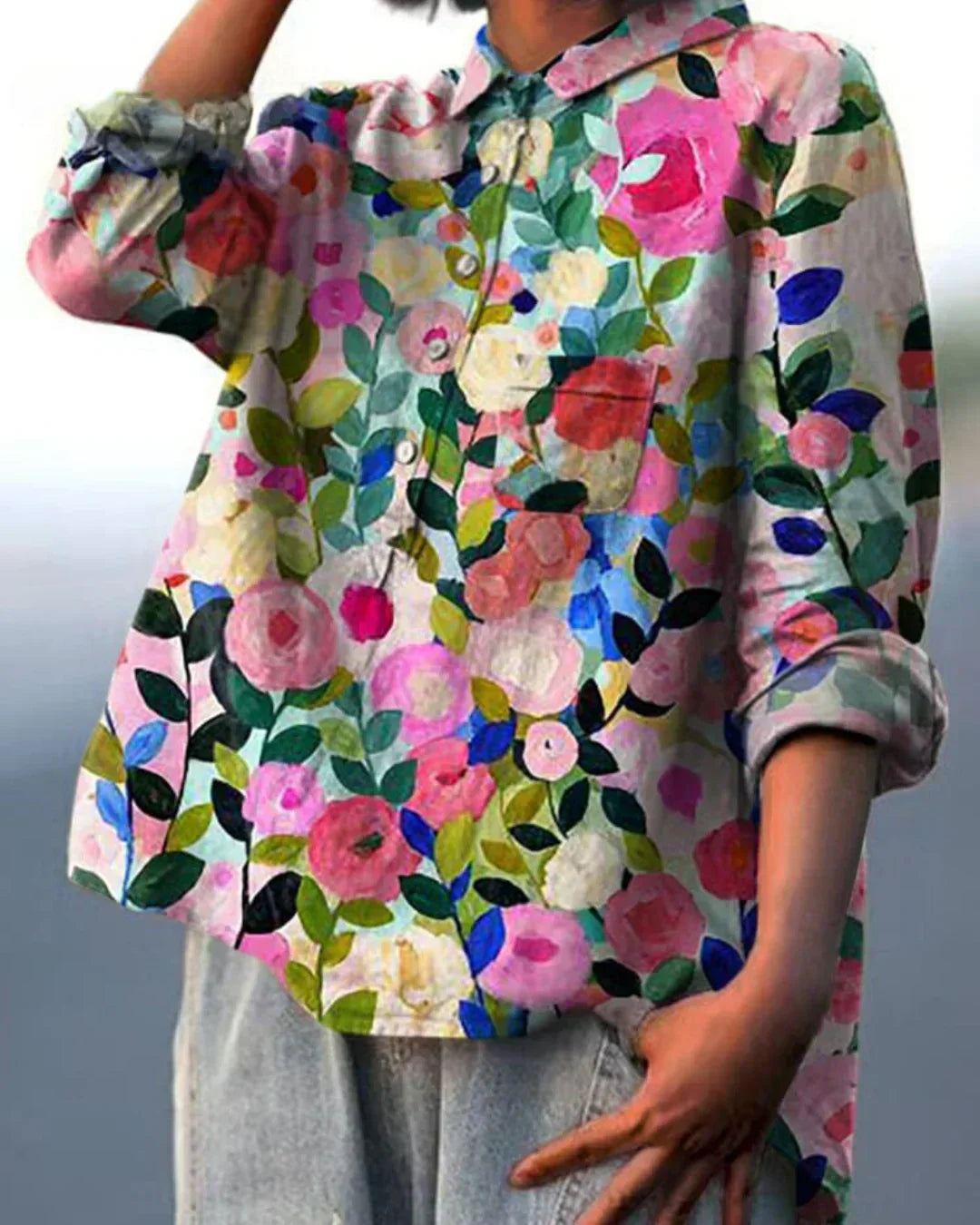 Relaxed Cotton Blouse with a Floral Print for Women