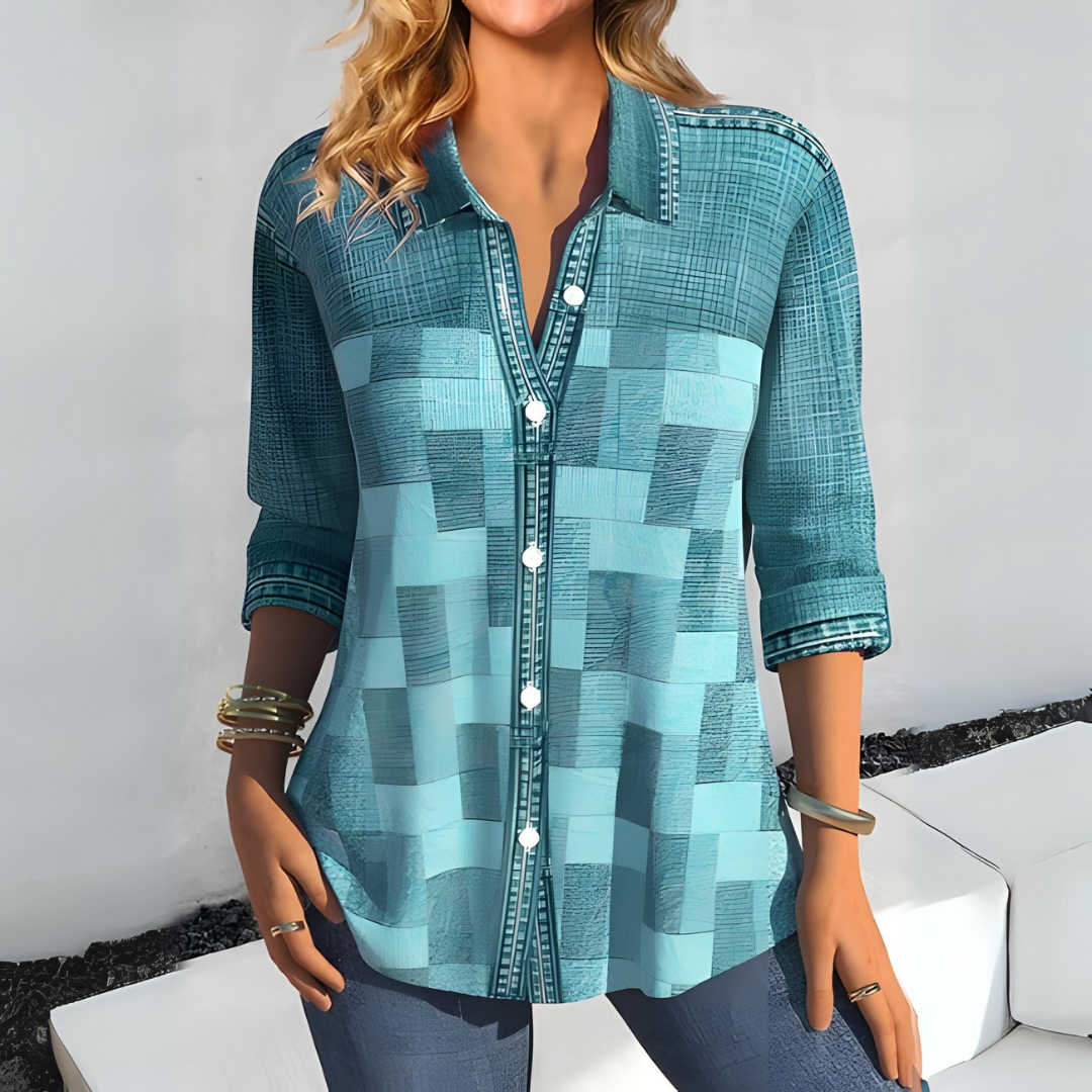 Checked Cotton Blouse with Classic Collar and Button Front