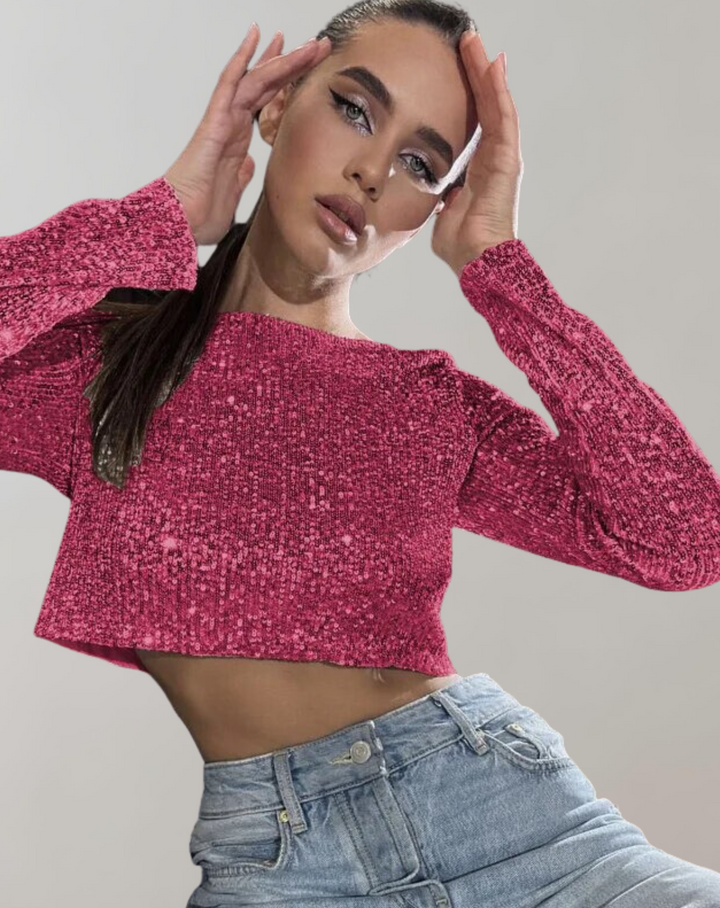 All-Over Sequin Crop Top with Stretch Fit for Women