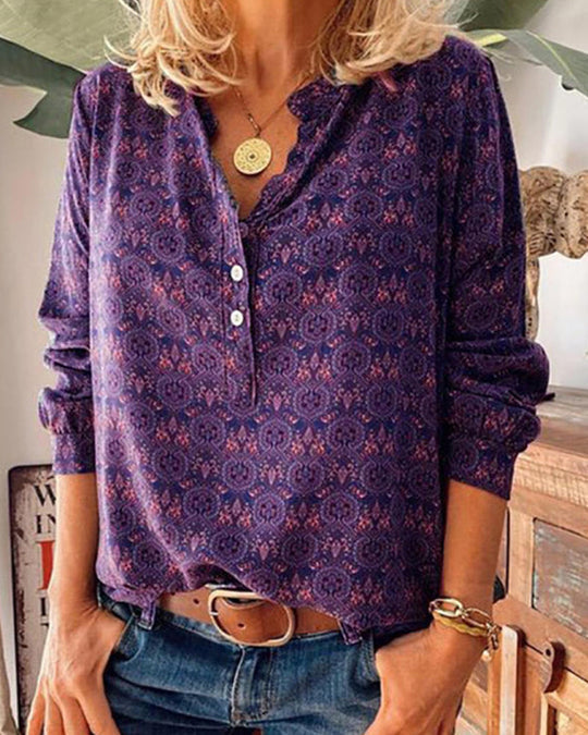 Vintage Print Long Sleeve Blouse with Button-Up Front