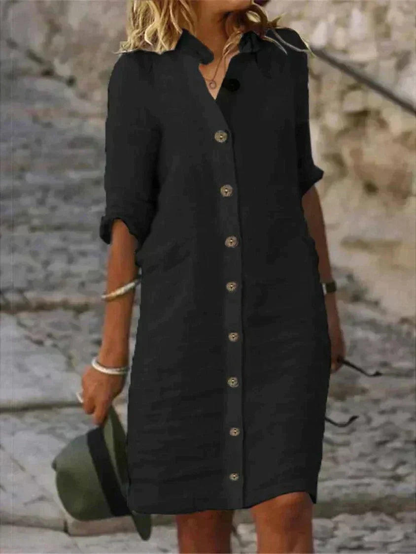 Classic Woven Dress with a V-Neckline and Flared Skirt