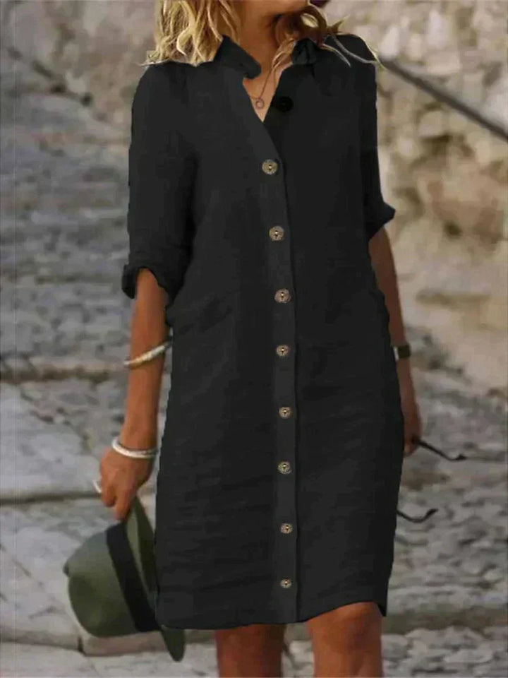 Classic Woven Dress with a V-Neckline and Flared Skirt