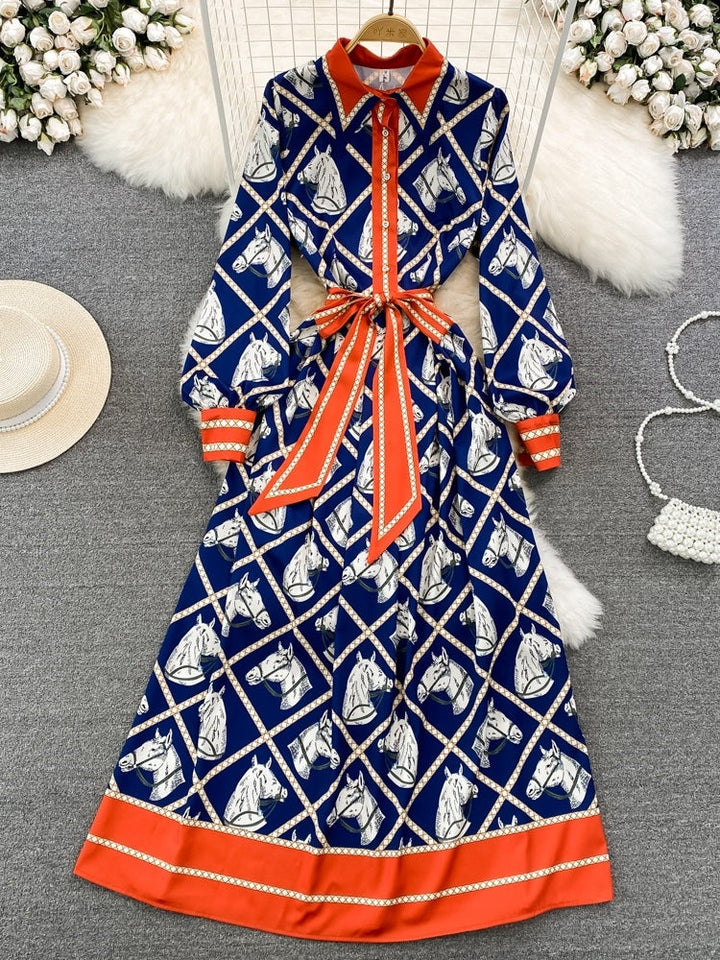 Long Sleeve Horse Print Navy Blue Dress for Women