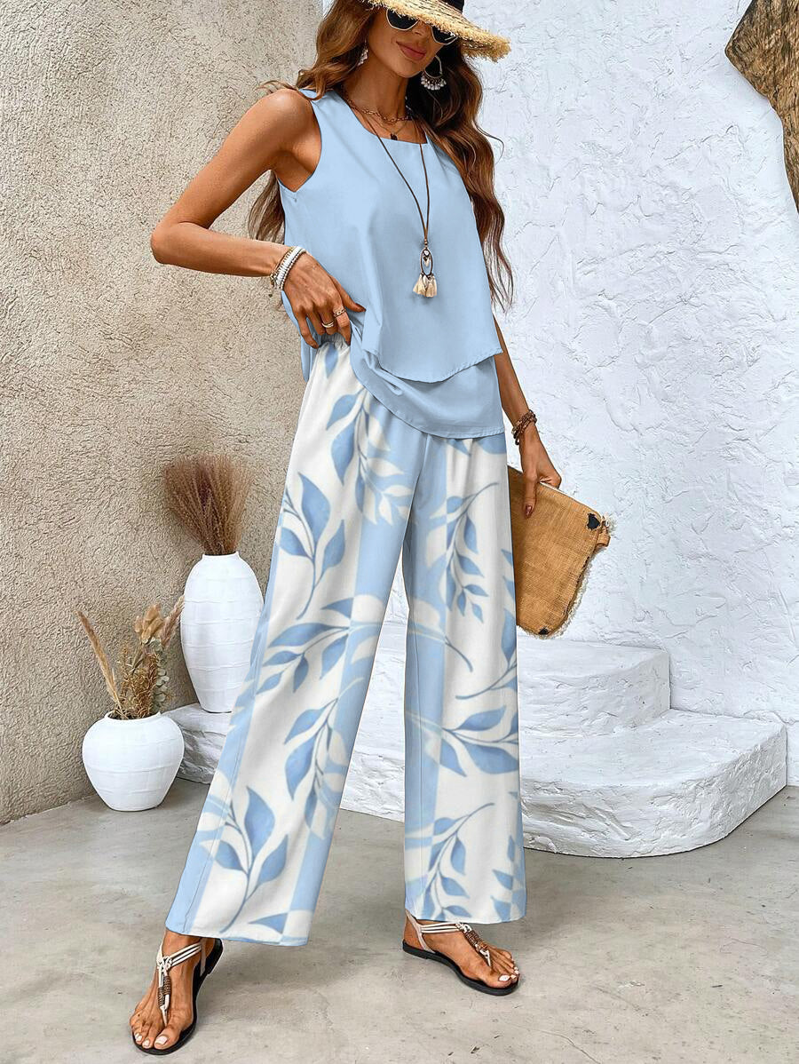 Blue Floral Two-Piece Summer Set with Square Neckline