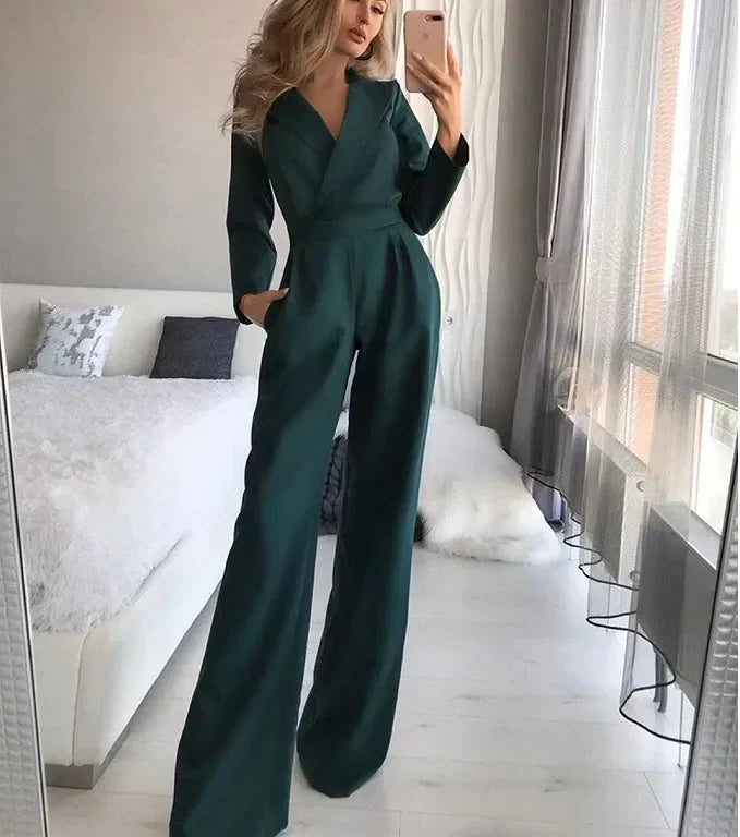Flared Wide-Leg Jumpsuit with Deep V-Neck for Women