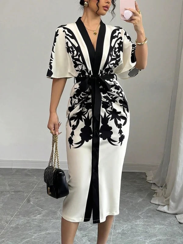 Half Sleeves Flower Print Printed Tied Waist V-Neck Midi Dresses for Women