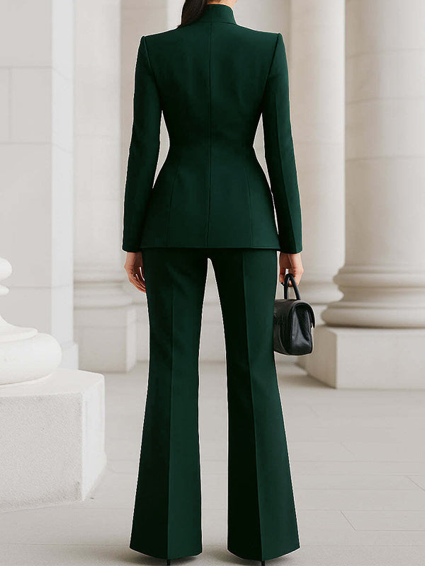Long Sleeves Buttoned Pockets Solid Color Stand Collar Blazer Outerwear - gallery
