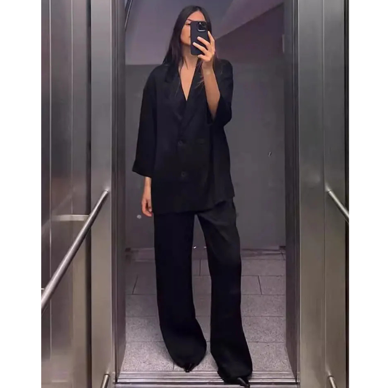Casual Double Breasted Blazer and Wide Leg Trousers Office Outfit for Women - gallery
