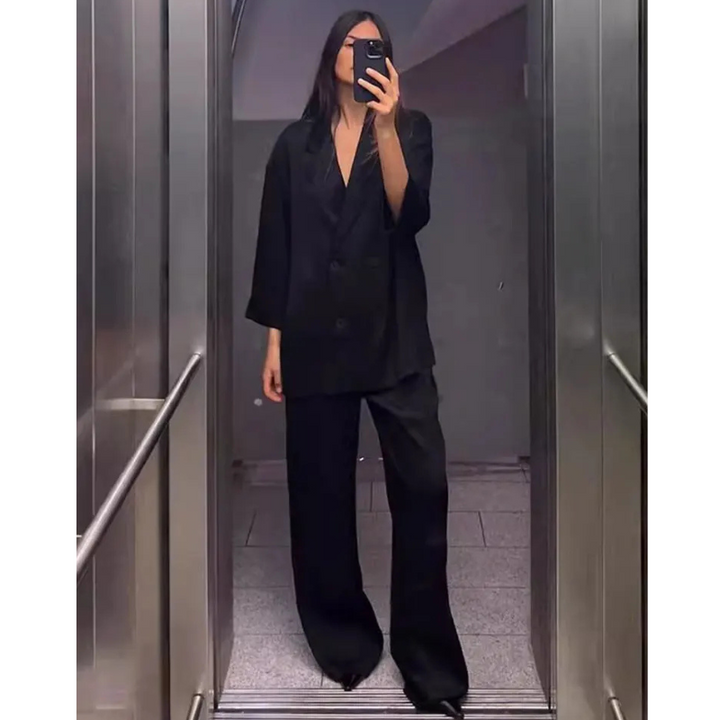 Casual Double Breasted Blazer and Wide Leg Trousers Office Outfit for Women - gallery