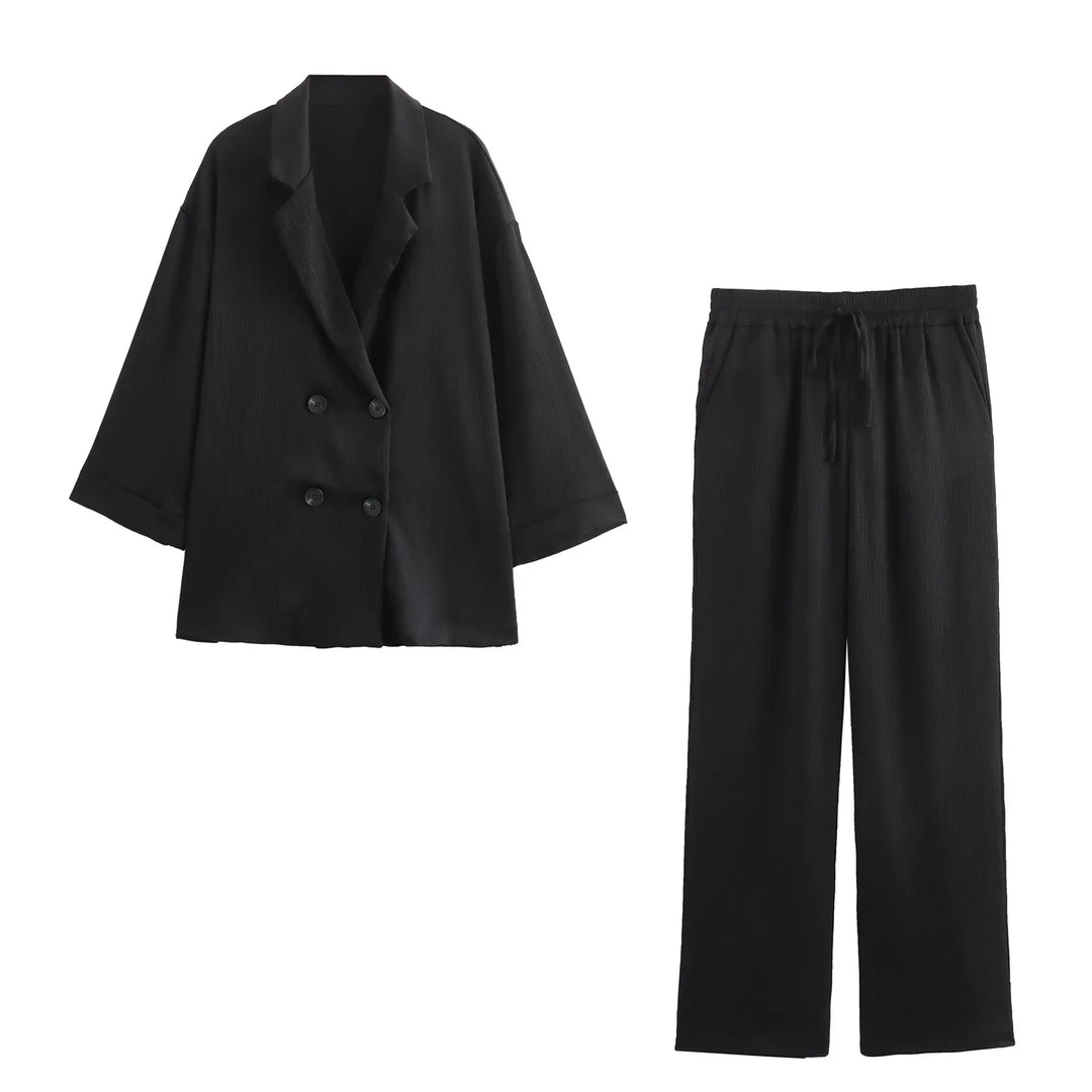 Casual Double Breasted Blazer and Wide Leg Trousers Office Outfit for Women - Color 1