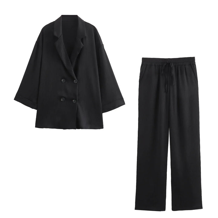 Casual Double Breasted Blazer and Wide Leg Trousers Office Outfit for Women - Color 1