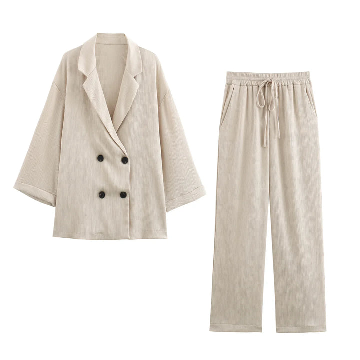 Casual Double Breasted Blazer and Wide Leg Trousers Office Outfit for Women - Color 2